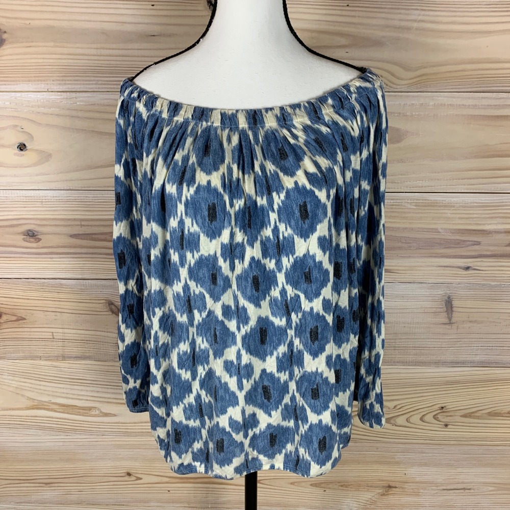 Michael Michael Kors Blouse Womens Large Blue Ikat Off Shoulder Lyocell Boho Top
